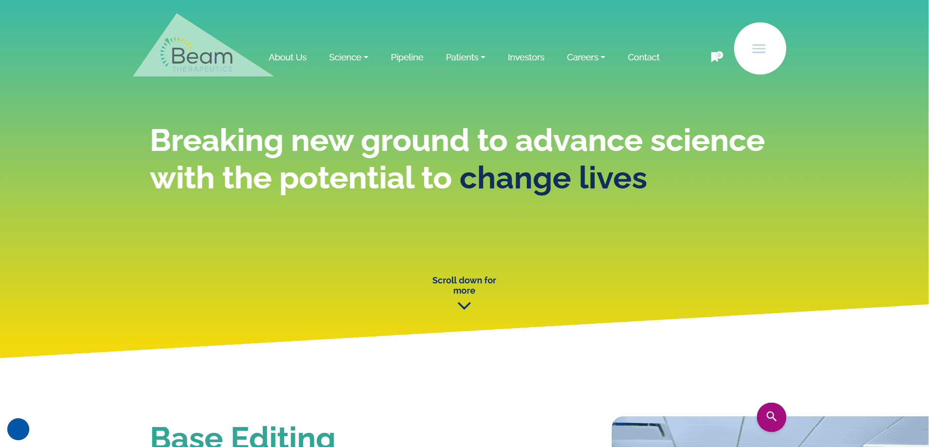 Screenshot of Beam Therapeutics’ website homepage showcasing standout biotech website design. The tagline “Breaking new ground to advance science with the potential to change lives” appears on a green-yellow gradient, with the menu bar visible at the top.