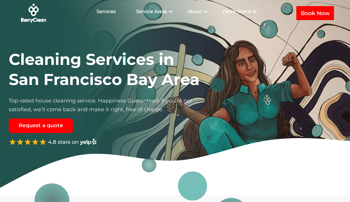 A website homepage for BerryClean, a cleaning service in the San Francisco Bay Area, features a smiling woman in uniform holding a spray bottle, eye-catching website design, and a red “Book Now” button that attracts and converts visitors.