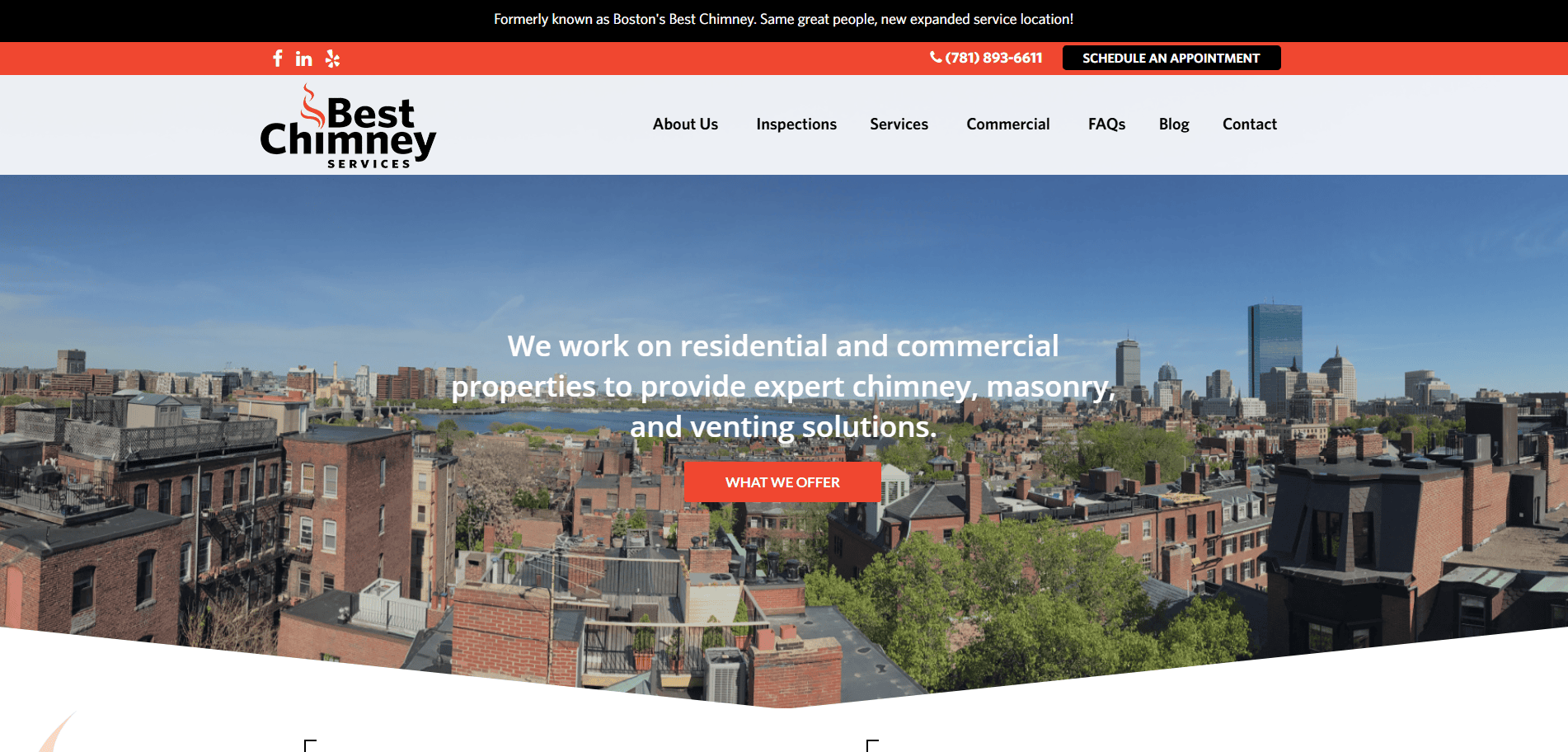 Screenshot of Best Chimney Services’ homepage featuring a cityscape, company logo, navigation menu, contact info, and text: “We work on residential and commercial properties to provide expert chimney, masonry, and venting solutions.” A chimney website design that converts.