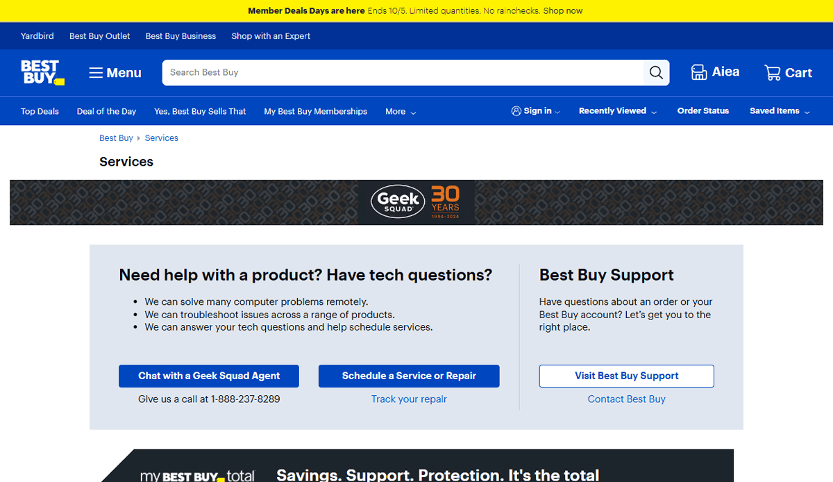 Screenshot of Best Buy’s services page featuring options like Geek Squad help, Cell Phone Repair, Chat, Schedule a Service, and Store Visit. The clean website design has a blue and white layout, a yellow banner, and Geek Squad 30 Years logo.