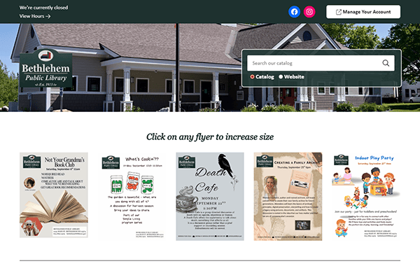 Screenshot of the Bethlehem Public Library website homepage, featuring the library building, navigation bar, search box, and several colorful flyers for upcoming Bethlehem Public Library events displayed in a row.