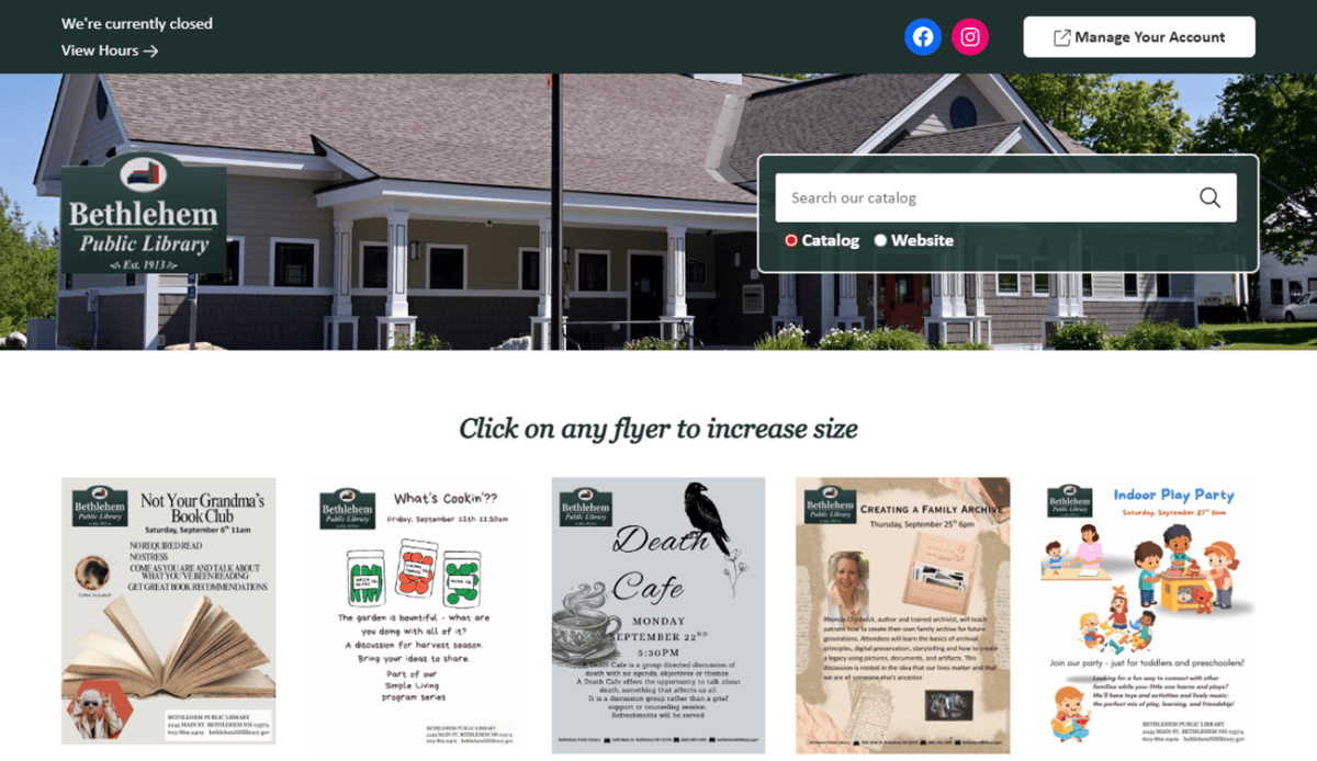 Screenshot of the Bethlehem Public Library website homepage, featuring navigation links, event calendar, library services, card catalog, newsletter sign-up, and colorful flyers for various Bethlehem Public Library resources and programs.