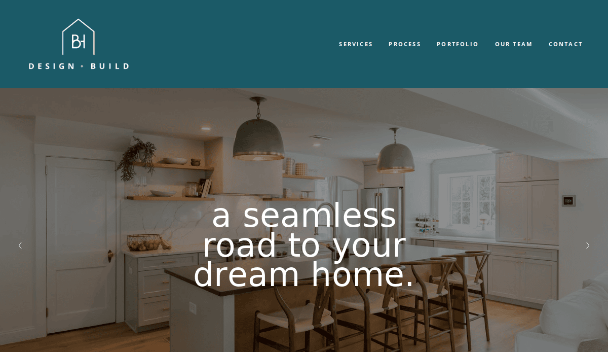 A modern kitchen with white cabinets, a large island, pendant lights, and wooden stools. Overlaid text reads, a seamless road to your dream home. Website navigation bar is visible at the top—ideal for converting visitors into clients.