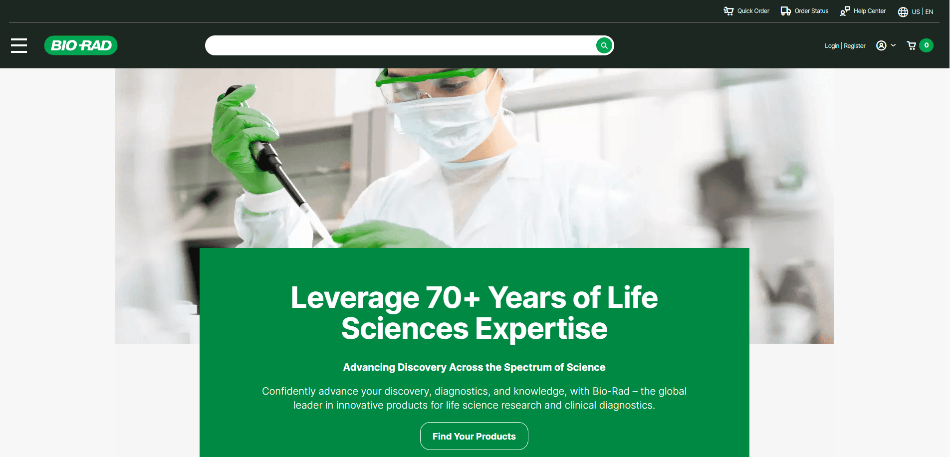 A scientist wearing a lab coat, mask, goggles, and green gloves uses a pipette in a laboratory. The Bio-Rad biotech website design banner highlights Leverage 70+ Years of Life Sciences Expertise.