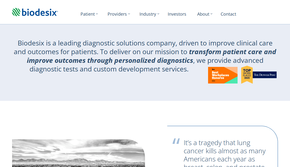 Screenshot of the Biodesix biotech website homepage, featuring their logo, navigation menu, mission statement on improving clinical care with personalized diagnostics, and a workplace award badge from The Denver Post.