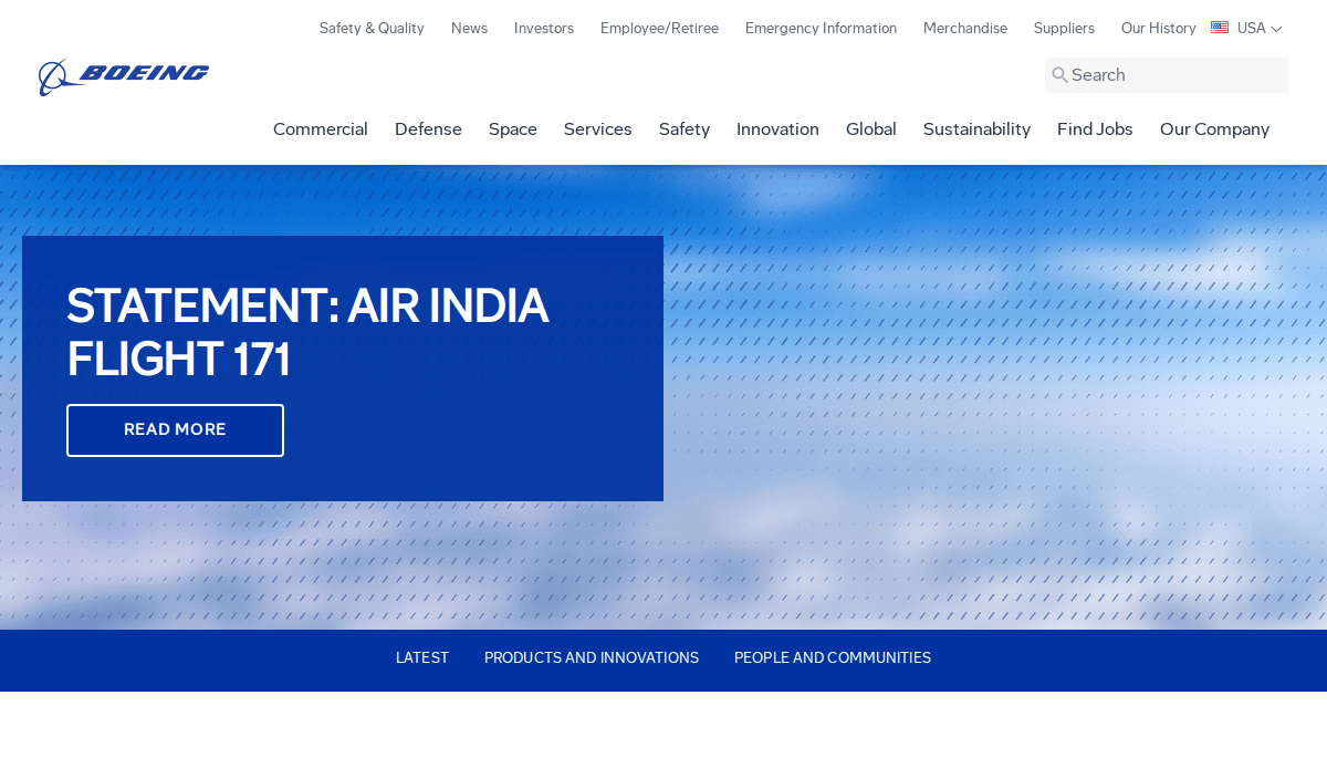 Boeing’s homepage features a blue banner with STATEMENT: AIR INDIA FLIGHT 171 and a READ MORE button, showcasing future-proofing in aviation website design along with a navigation menu and the Boeing logo at the top.