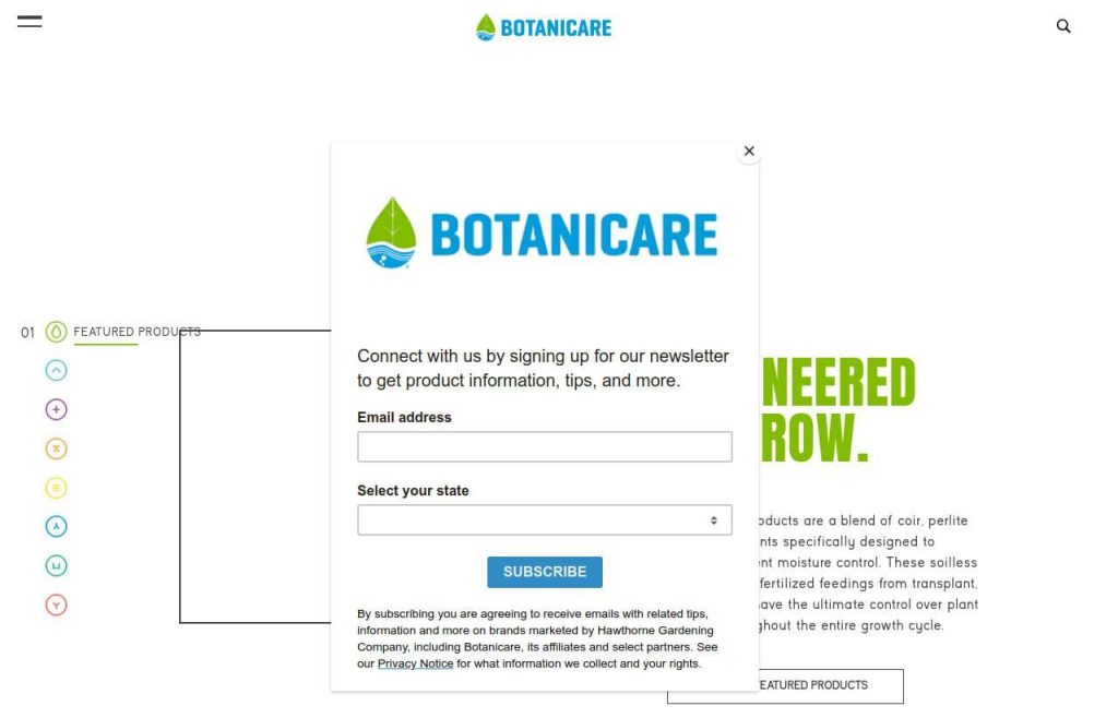 A website pop-up for Botanicare prompts users to sign up for a newsletter with fields for email address and state selection, partially covering the webpage in the background.