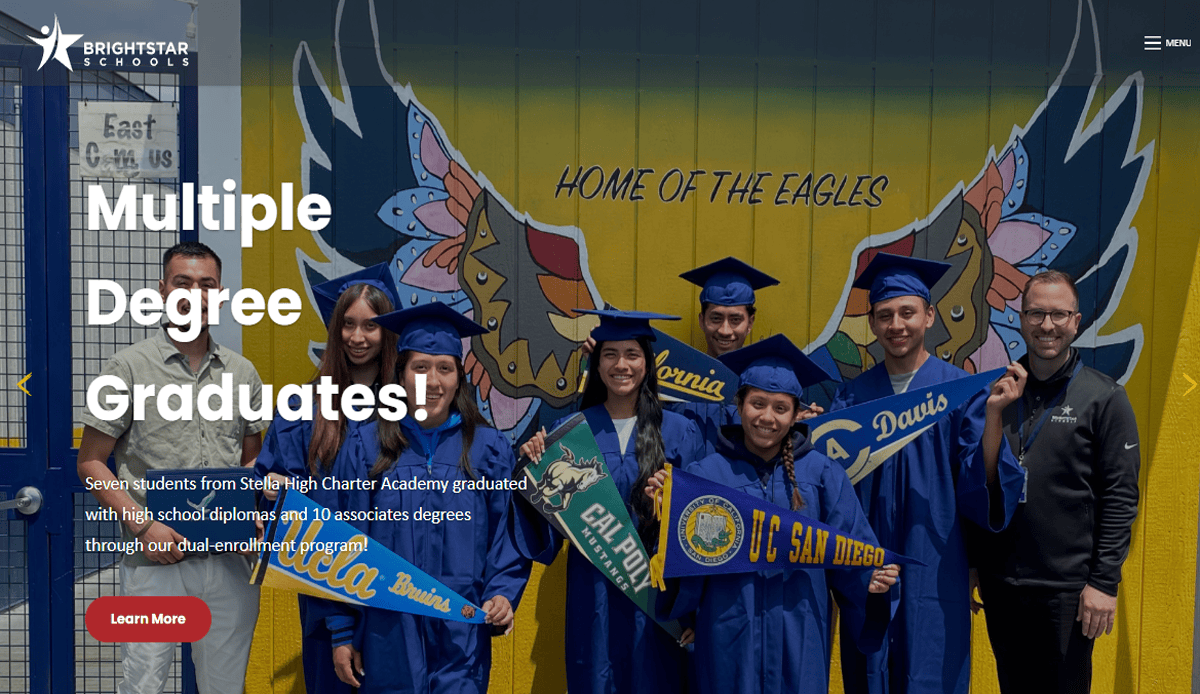 Seven students in graduation caps and gowns stand smiling before an eagle mural, holding university pennants. The text highlights their multiple degree graduations—an inspiring feature for any best school website celebrating achievements.