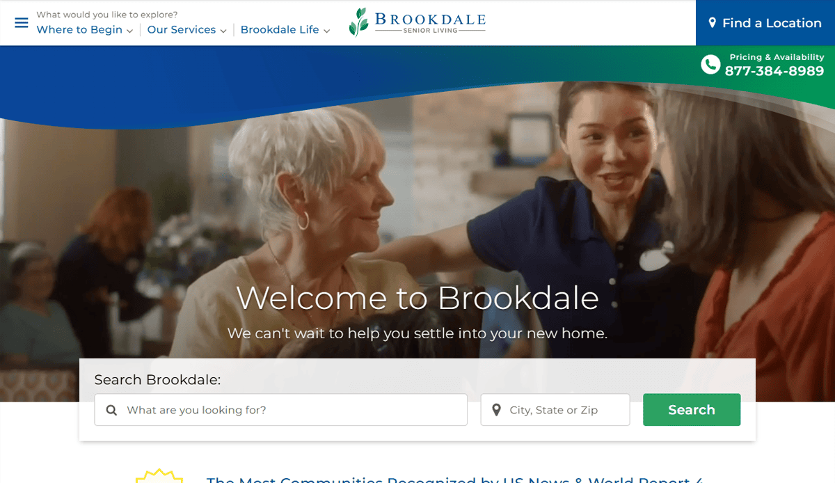 Website homepage for Brookdale Senior Living, featuring a smiling senior woman with a caregiver. The Digital Front Door and search bar invite users to explore services or locations. The header offers easy navigation and contact options.