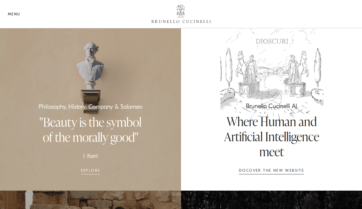 Split-screen website structure: left displays a white bust on beige with Kant’s quote, Beauty is the symbol of the morally good; right features a sketch and the words, Where Human and Artificial Intelligence meet.