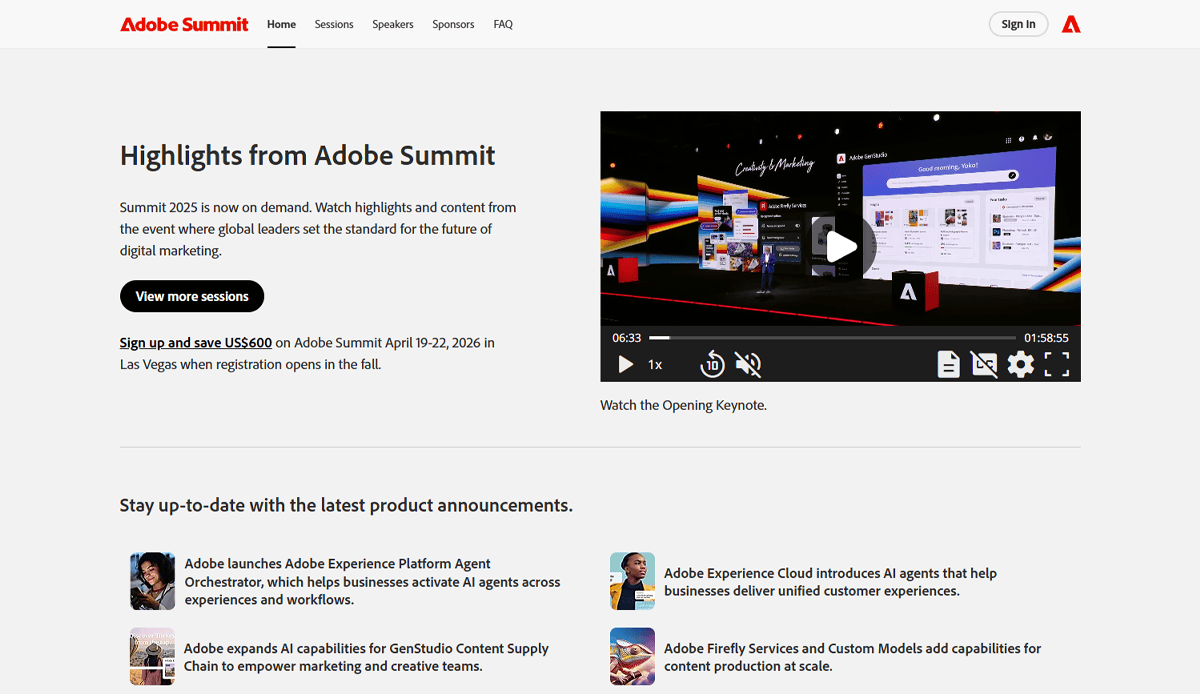Screenshot of the Adobe Summit conference website design homepage, featuring a headline about event highlights, a video player showing the opening keynote, and sections with product news like Adobe Experience Platform and Adobe Firefly Services.