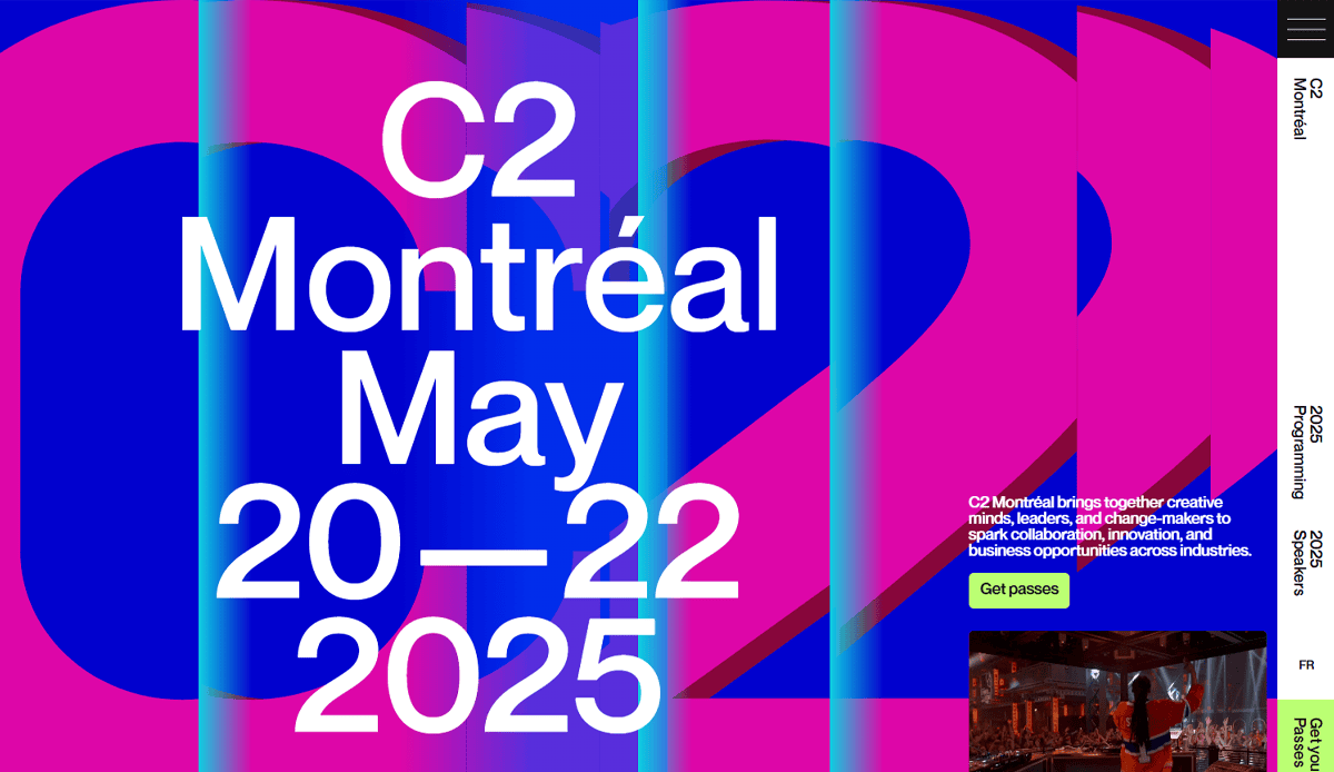 Bold white text announces C2 Montréal May 20–22, 2025 on a vibrant blue and pink background, showcasing modern conference website design. A sidebar highlights programming, speakers, event info, and features a button to Get passes.