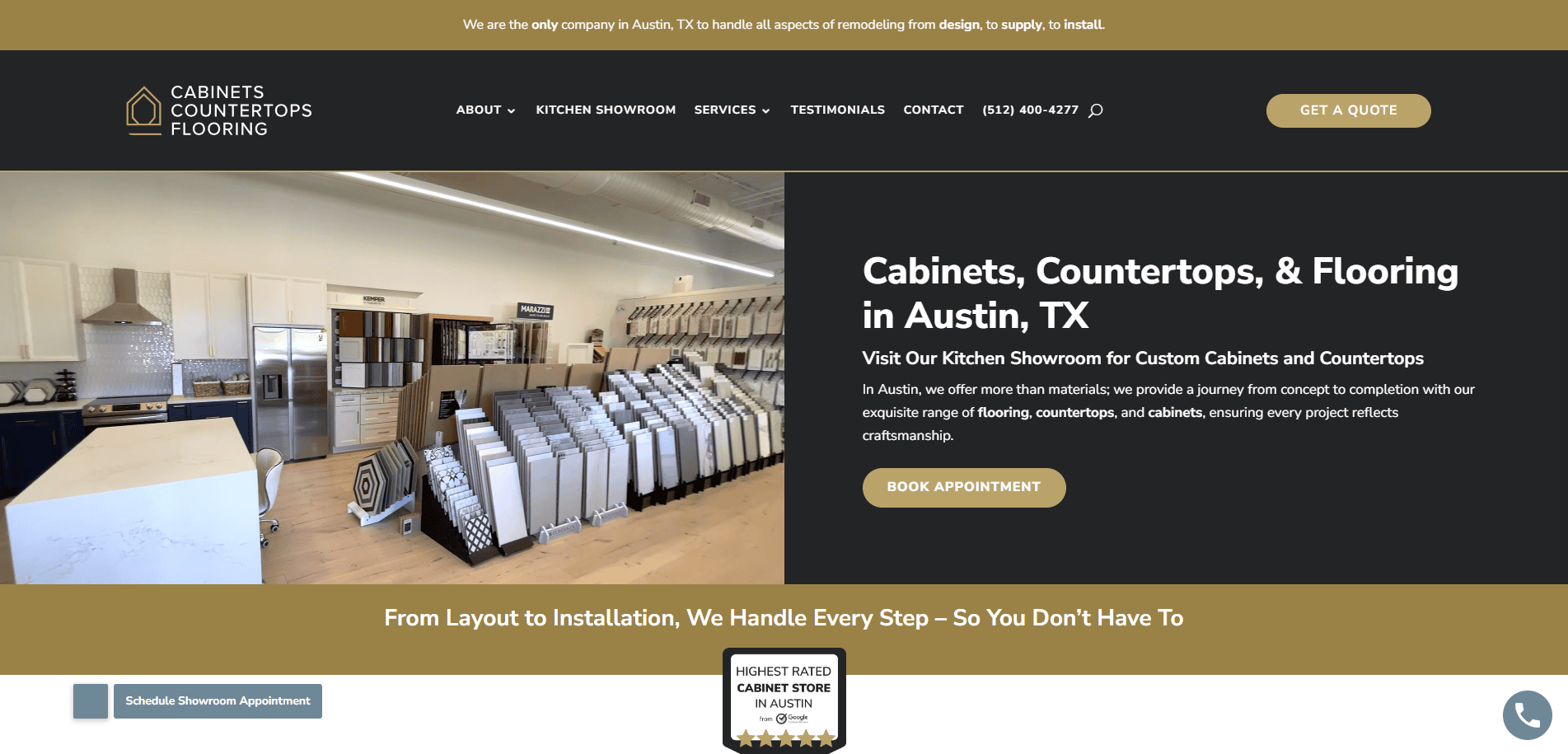 Screenshot of a website for Cabinets, Countertops & Flooring in Austin, TX. The page showcases their kitchen showroom and highlights sleek website design aimed to convert visitors into clients. Features include navigation, contact info, and booking options.