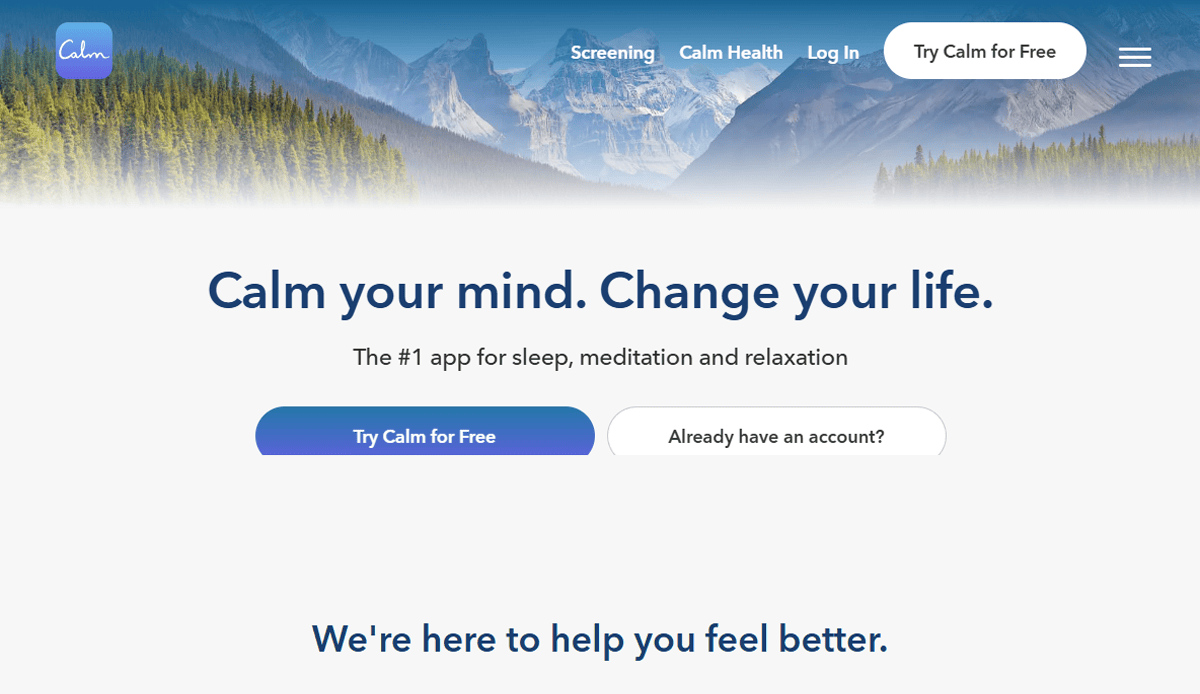Screenshot of the Calm app health & wellness website, featuring a mountain and forest background. The text says “Calm your mind. Change your life,” with buttons for “Try Calm for Free” and login options.