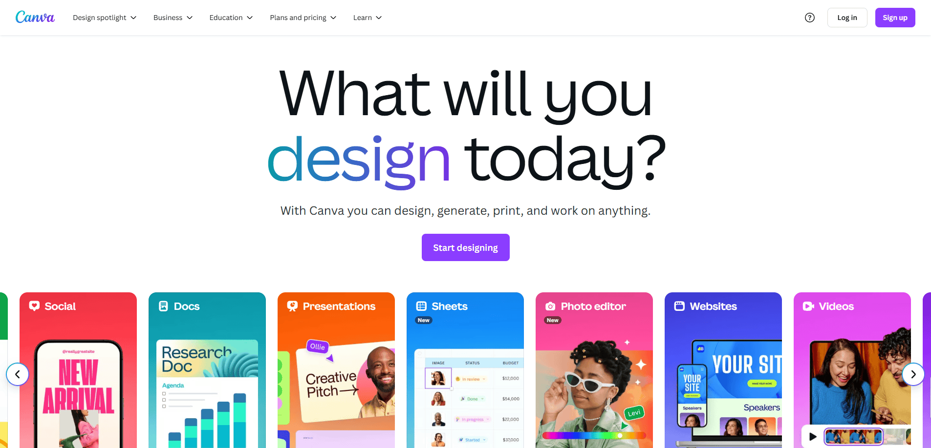 Screenshot of Canvas homepage featuring the text What will you design today? above a Start designing button, with colorful category cards for Social, Docs, Presentations, Sheets, digital brochure design, Websites, and Videos below.