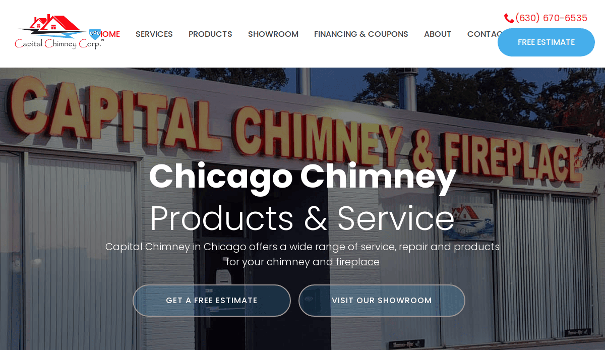 The storefront of Capital Chimney & Fireplace with large yellow letters on the building. Website overlay text highlights Chicago chimney products and services, featuring SEO ranking strategies and buttons for free estimates and showroom visits.