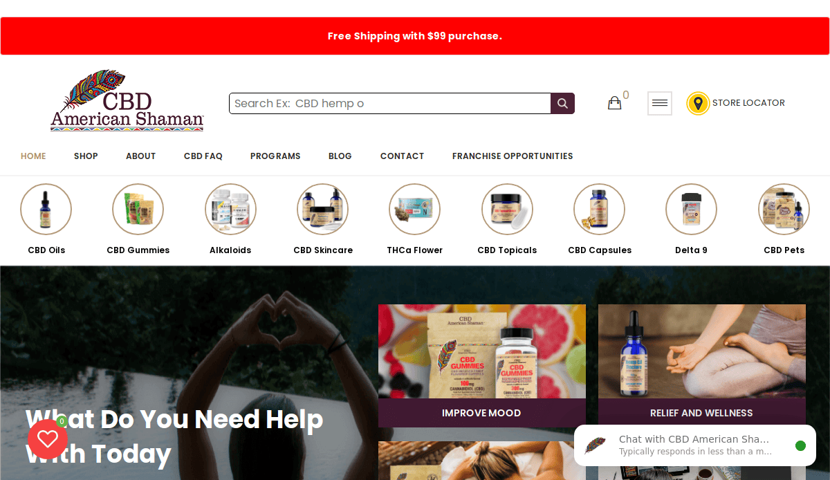 Screenshot of the CBD American Shaman website homepage, showcasing a compliant CBD business with a sleek CBD website design, including a search bar, navigation menu, circular product images, free shipping banner, and highlighted wellness categories.