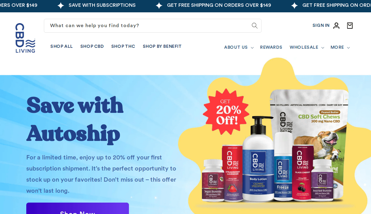Screenshot of a compliant CBD business website, featuring a banner that says Save with Autoship, promoting 20% off the first subscription, with various CBD products and pet treats displayed on the right side.