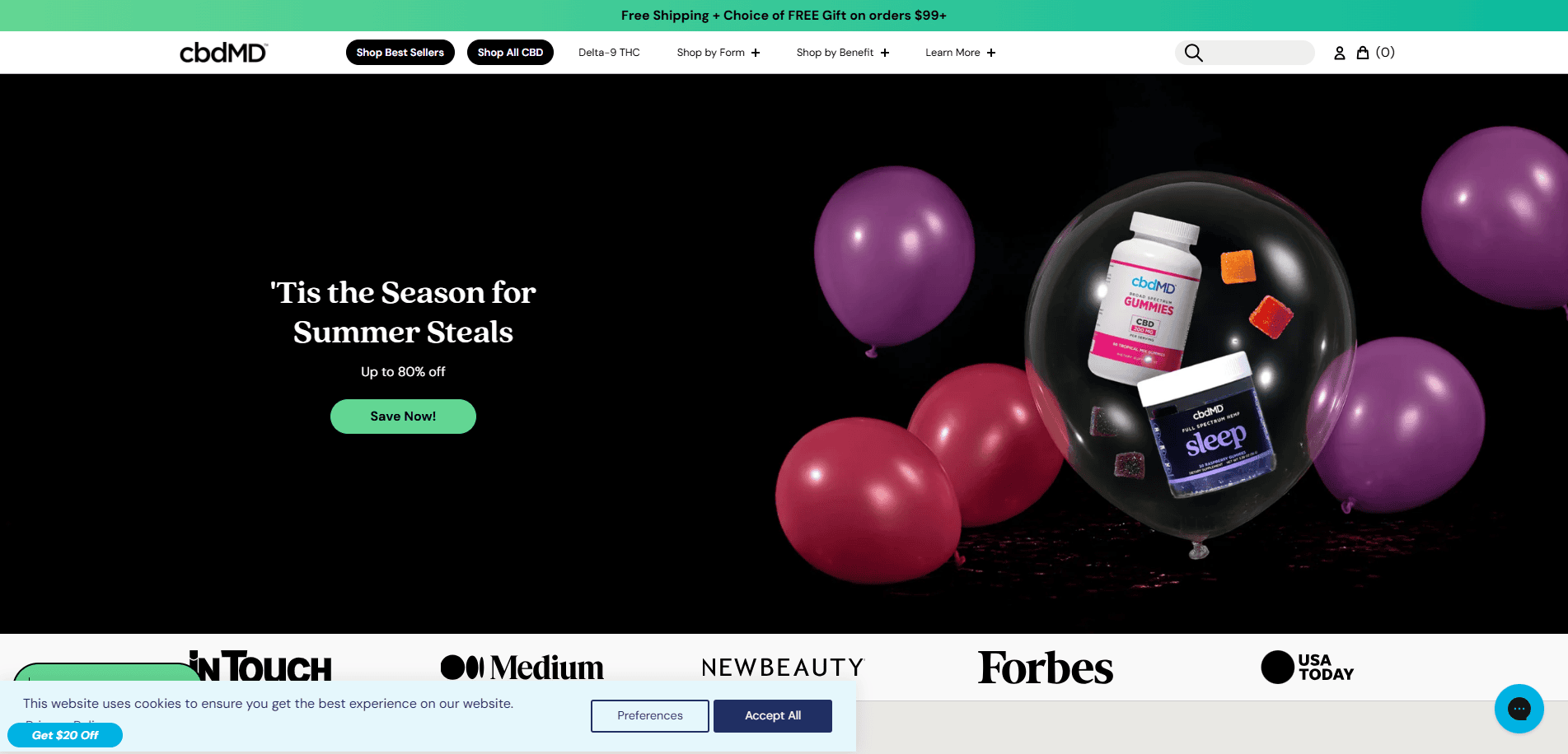 Website banner with floating purple and red balloons, featuring cbdMD products inside a transparent balloon. Showcases CBD website design for a compliant CBD business. Text: “‘Tis the Season for Summer Steals. Save now!” on a black background.