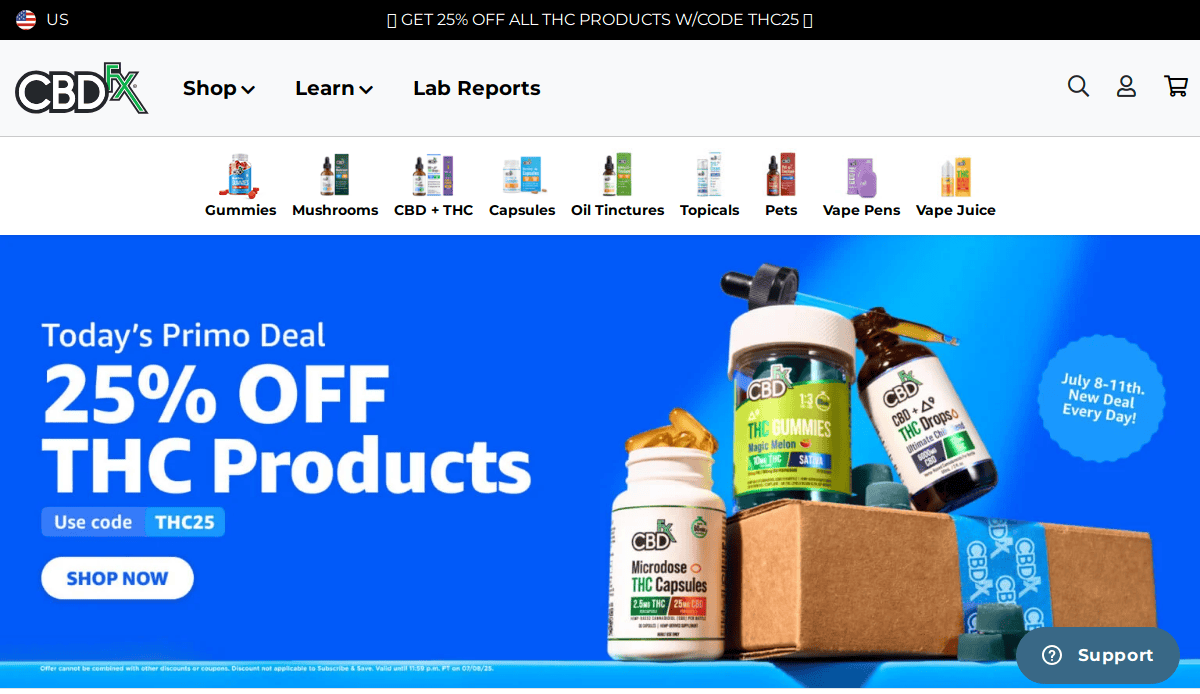 A promotional webpage for a CBD business advertises “25% OFF THC Products.” CBD and THC products like gummies, capsules, and oil tinctures are shown on the right, with a bright blue background and an online store navigation bar at the top.