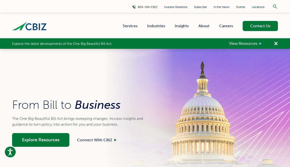 Screenshot of the CBIZ website homepage featuring the U.S. Capitol dome, green navigation bar, and headline: From Bill to Business, with buttons to explore resources—an inspiring example of modern accounting firm website design.