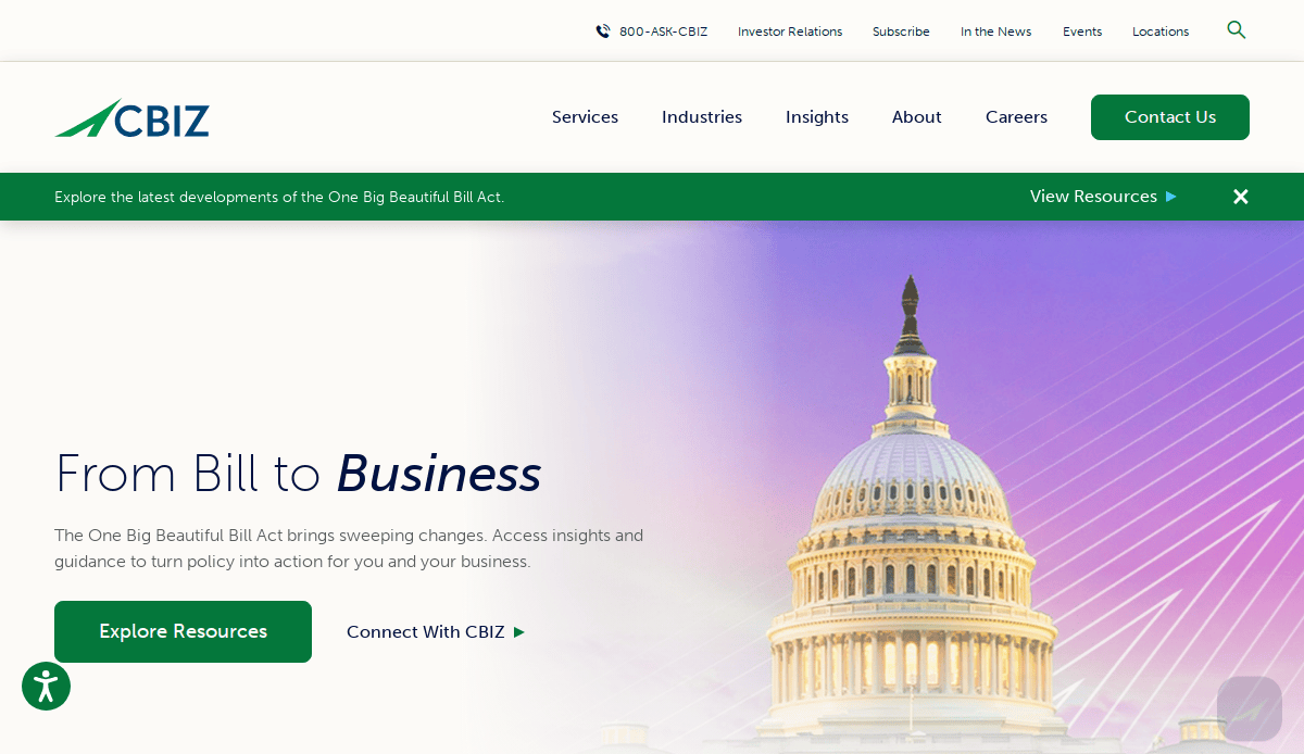 Screenshot of the CBIZ accountant website homepage featuring a high-impact banner with the U.S. Capitol dome, the tagline From Bill to Business, and buttons for exploring resources about the One Big Beautiful Bill Act.