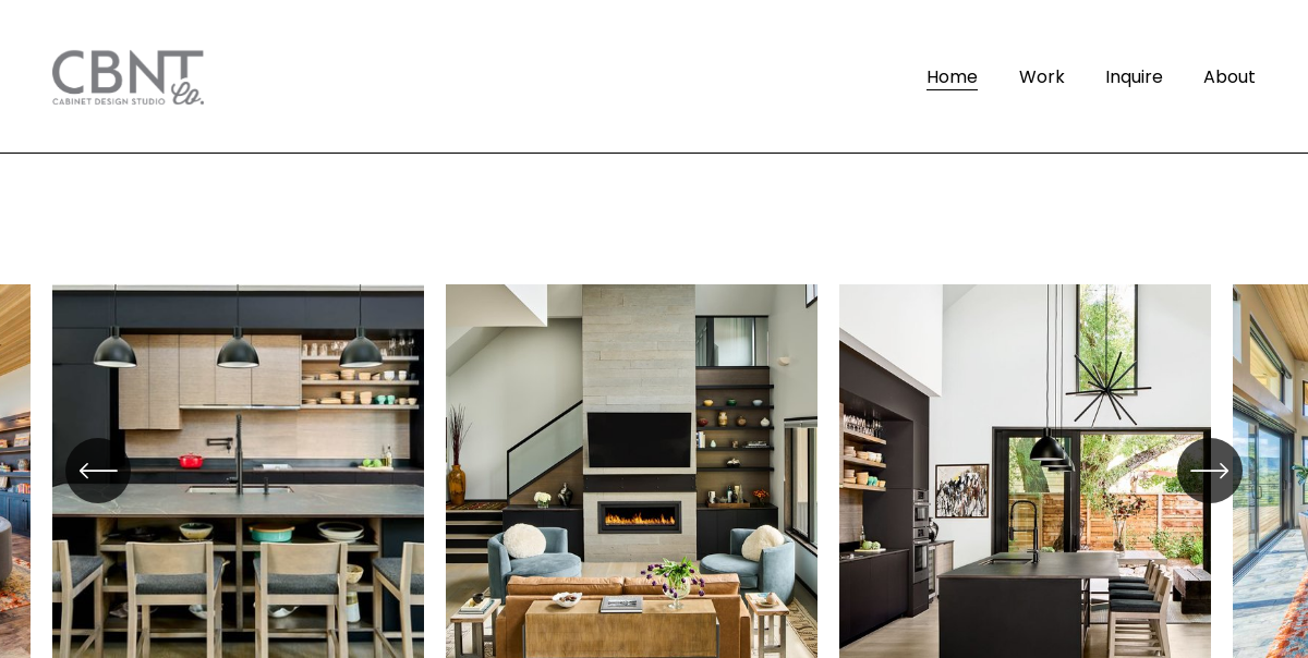 A website for CBNT Cabinet Design Studio showcases a logo, navigation menu, and a gallery of modern kitchen and living space designs with prominent cabinetry—ideal for those seeking inspiration or a design guide from expert cabinet makers.
