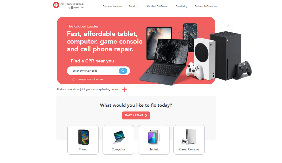 Screenshot of the Cell Phone Repair Website homepage featuring a sleek website design with a search bar for repair locations, images of phones, laptops, tablets, and game consoles, plus service options for phones, computers, tablets, and game consoles.