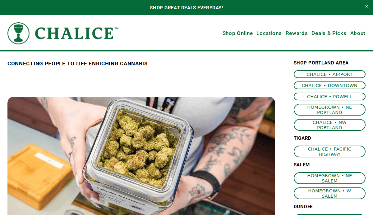 A person with tattooed arms holds an open glass jar filled with cannabis buds in a dispensary featuring a high-performing cannabis website design. The header reads “Chalice,” with navigation options and a green banner announcing deals.