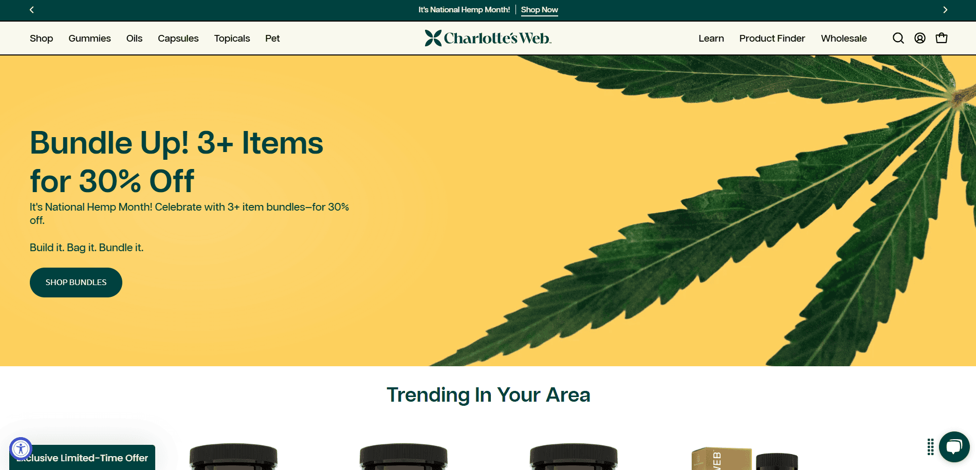 Screenshot of Charlottes Web CBD website design homepage showing a banner with a hemp leaf on yellow, promoting a Bundle Up! 3+ Items for 30% Off sale and a button to shop bundles. Navigation bar sits at the top of this CBD online store.