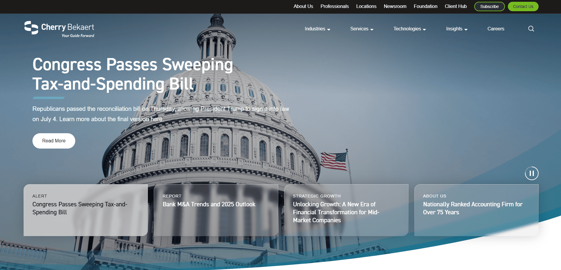 Screenshot of Cherry Bekaert’s accounting firm website homepage featuring the U.S. Capitol dome, headline “Congress Passes Sweeping Tax-and-Spending Bill,” and navigation links for services, news, and contact options.