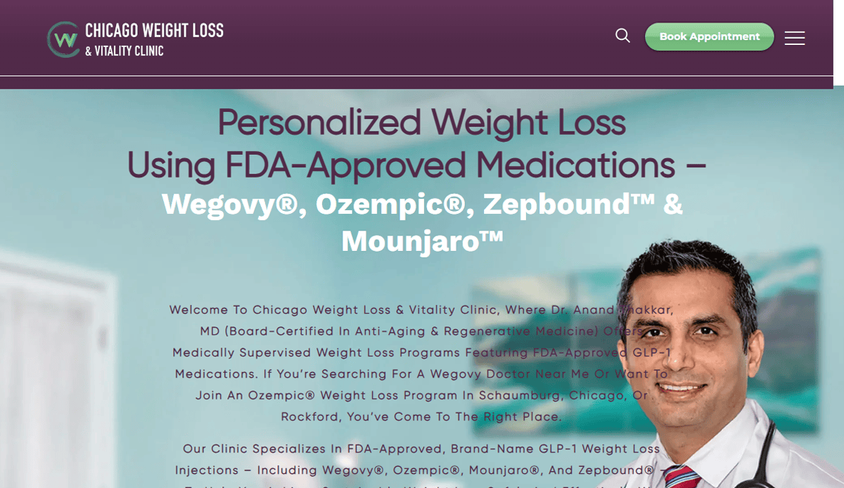 A health and wellness website showcases Personalized Weight Loss Using FDA-Approved Medications – Wegovy, Ozempic, Zepbound & Mounjaro, with a doctor’s photo and a green Book Appointment button at the top.
