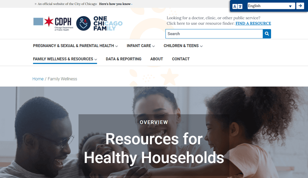 Screenshot of the One Chicago Family health & wellness website showing the Resources for Healthy Households page, with a smiling family at the bottom and navigation links for wellness, children, teens, and parenting at the top.