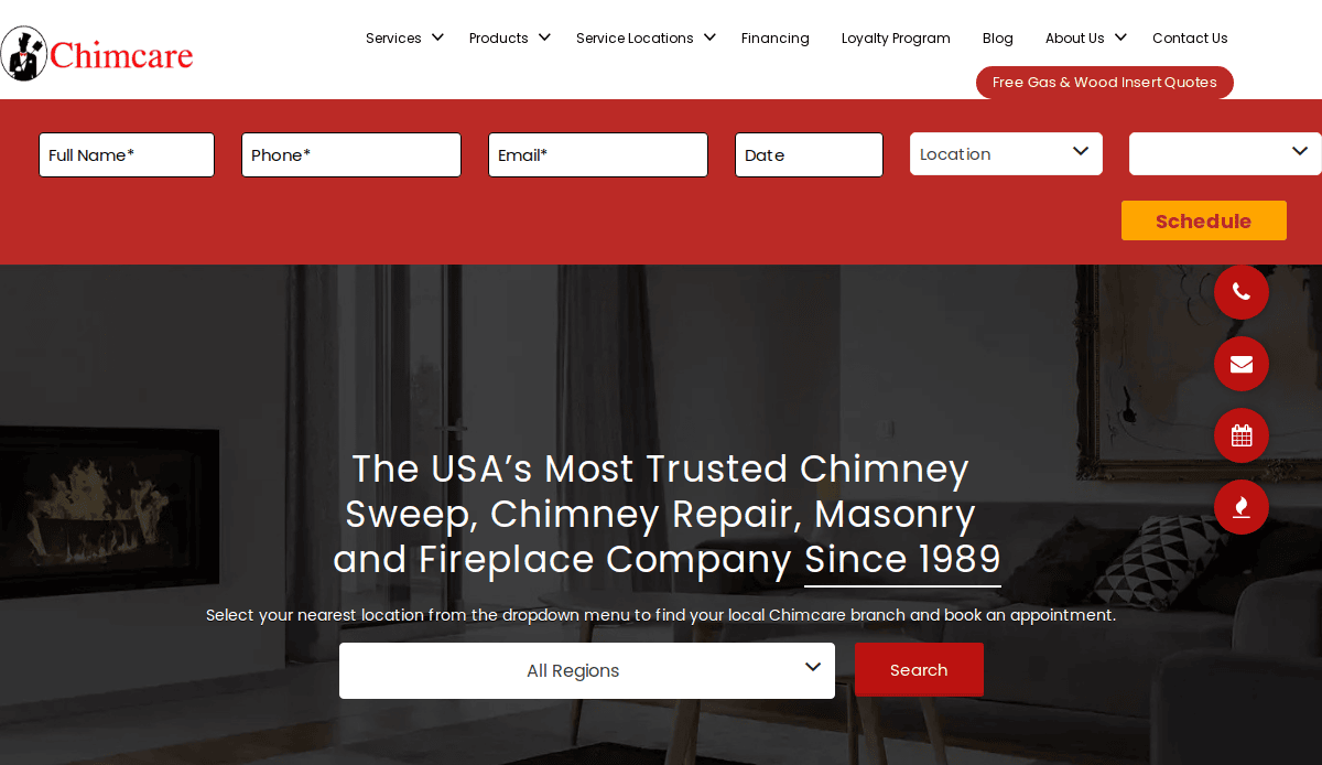 Screenshot of Chimcare’s website homepage showcasing expert chimney website design, with a contact form for scheduling services, navigation menu, and a headline stating “The USA’s Most Trusted Chimney Sweep, Chimney Repair, Masonry and Fireplace Company Since 1989.”.