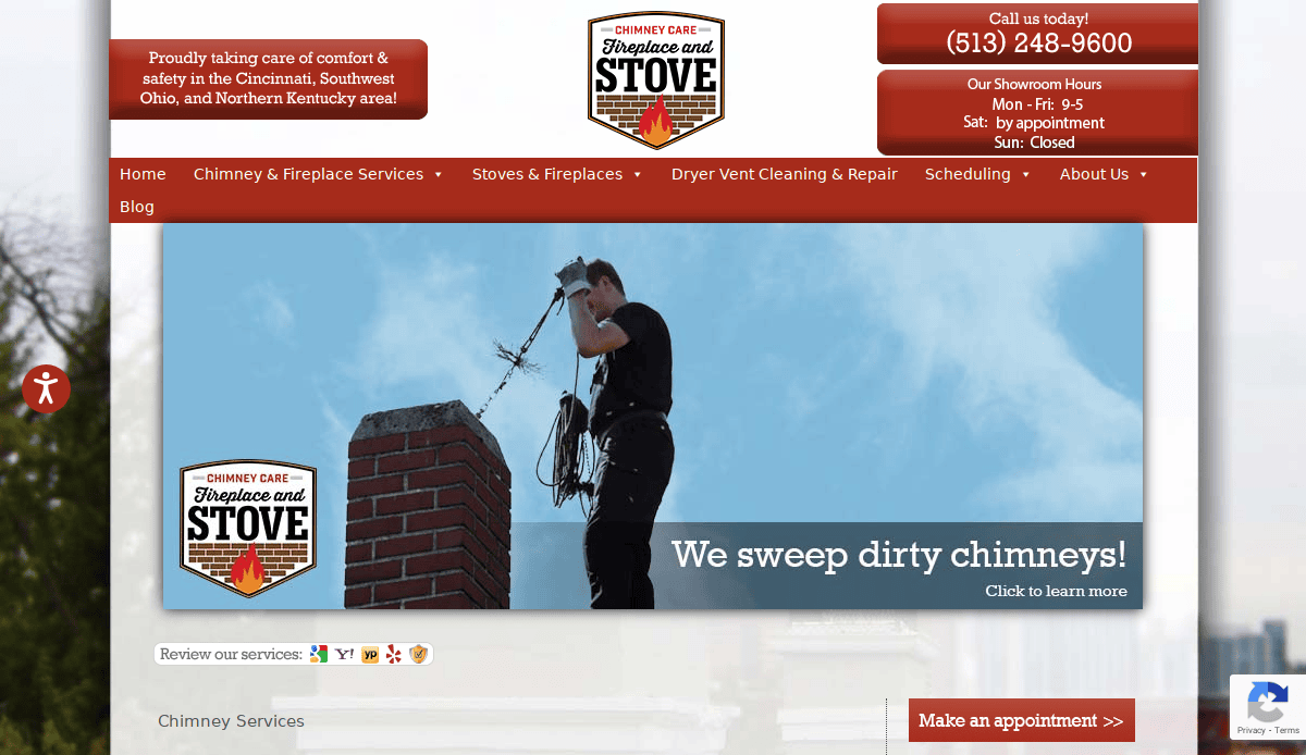 A chimney sweep stands atop a brick chimney, using cleaning equipment under a blue sky. The website banner reads Chimney Care Fireplace and Stove, showcasing expert chimney website design for services in Cincinnati, Ohio.