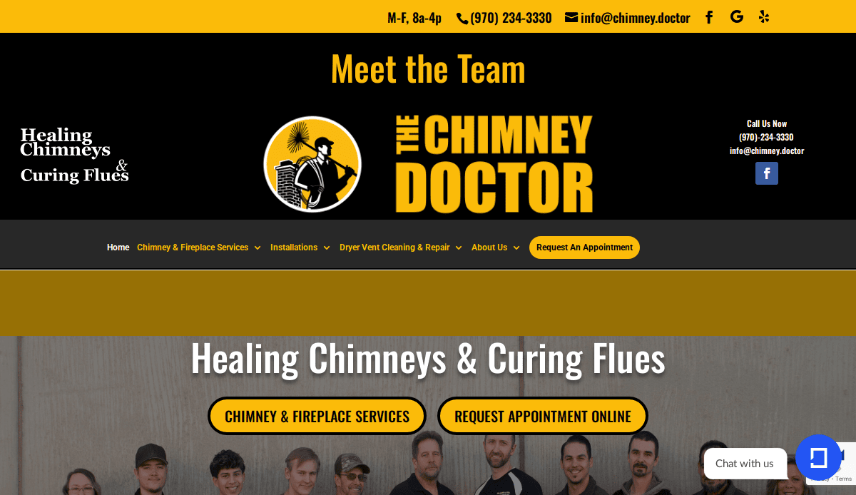 Screenshot of The Chimney Doctor website featuring a yellow and black header with contact info, company logo, and navigation menu. Showcases expert chimney website design with “Healing Chimneys & Curing Flues” tagline and staff group photo below.