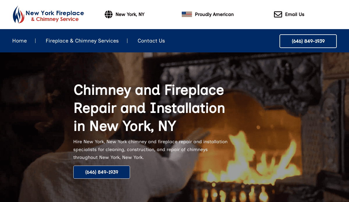 Website homepage for New York Fireplace & Chimney Service, featuring a person tending a lit fireplace. This chimney website design highlights repair and installation in New York, NY, with clear contact and navigation options for easy access.