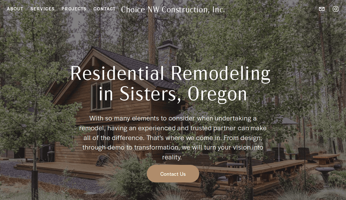 A cozy wooden cabin with a large deck is nestled among tall pine trees. Text overlays highlight bathroom remodeling services in Sisters, Oregon by Choice NW Construction, Inc., with a Contact Us button to convert visitors at the bottom.