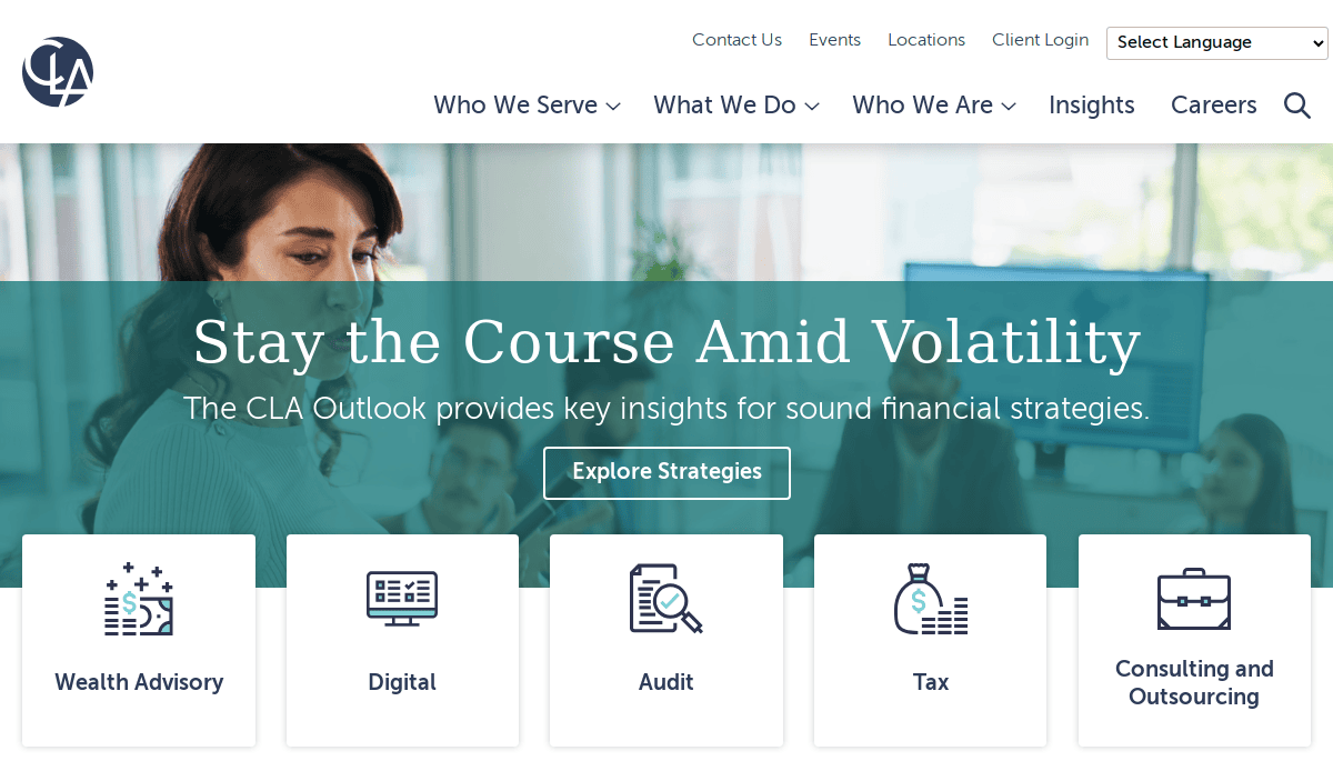 A businesswoman looks down thoughtfully in an office. Text overlay reads: “Stay the Course Amid Volatility. The CLA Outlook brings high-impact accountant website insights for sound financial strategies.” Below are icons for Wealth Advisory, Digital, Audit, Tax, and Consulting.
