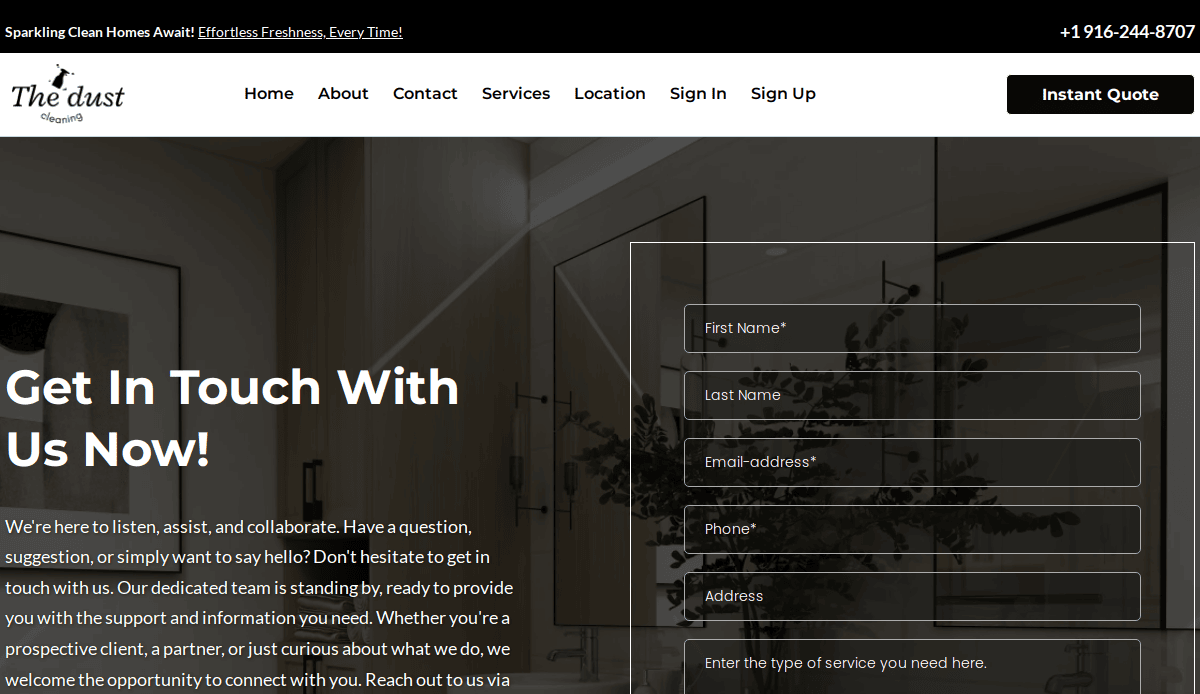 A website contact page for The Dust Cleaners features a sleek cleaning service website design, with a contact form on the right and a welcoming message on the left inviting users to connect for top-notch cleaning services. The menu includes navigation and an Instant Quote button.
