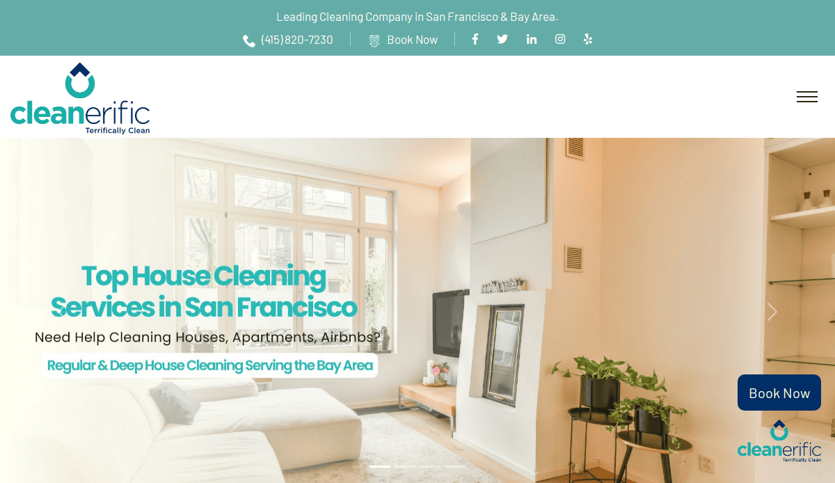 A website homepage for Cleanerific, a house cleaning service in San Francisco. Highlighting professional carpet cleaning, the modern website design attracts and converts visitors with easy booking options and a stylish living room scene.