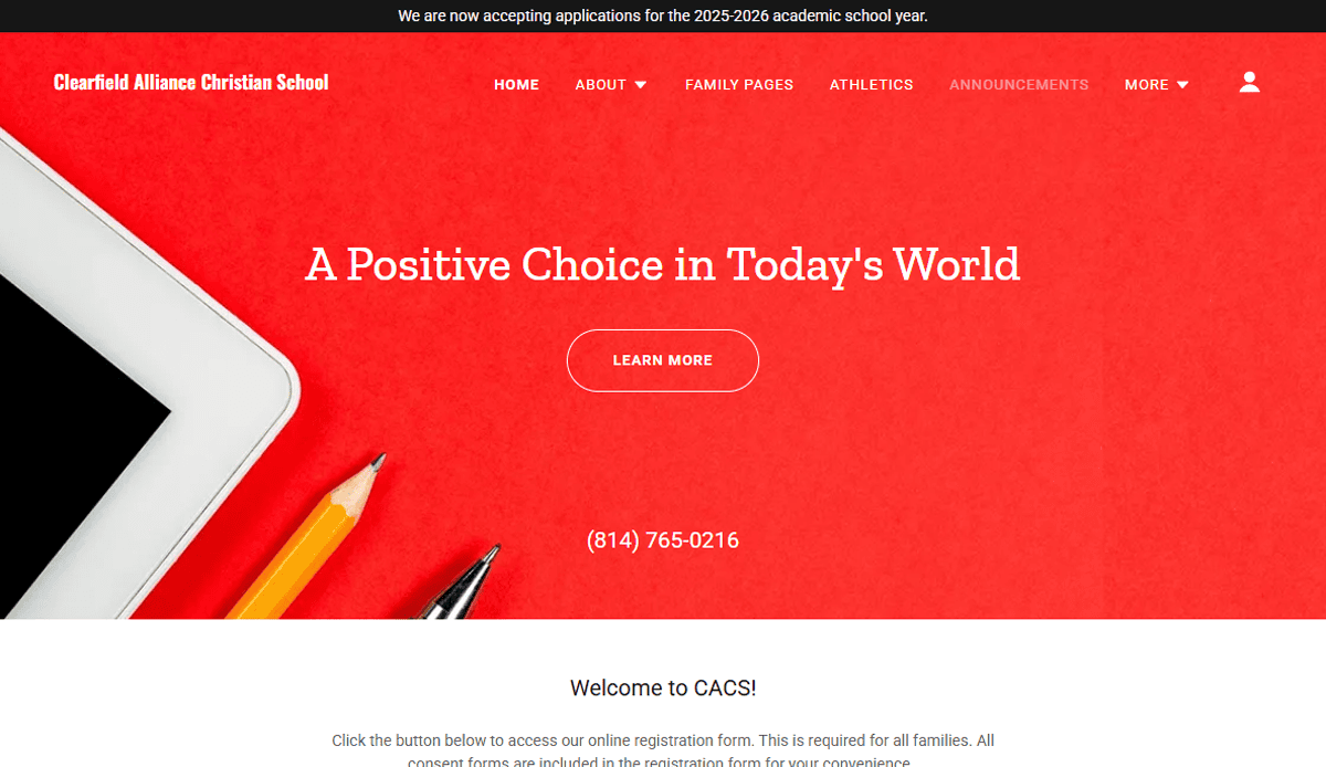 Homepage for Clearfield Alliance Christian School showcases a bold red background, white notebook, yellow pencil, and black pen—an inspiring example of school website design. “A Positive Choice in Today’s World” stands above a “Learn More” button.