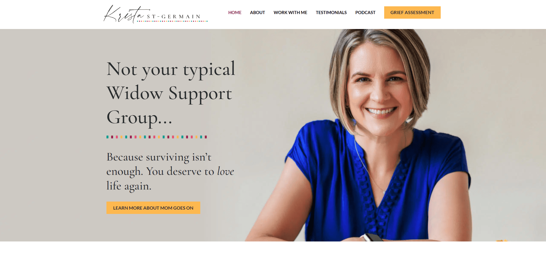 A smiling woman in a blue top sits at a table. Text reads: Not your typical Widow Support Group... Plan with purpose—because surviving isn’t enough. You deserve to love life again. Navigation bar and yellow Learn More button highlight this coaching website.