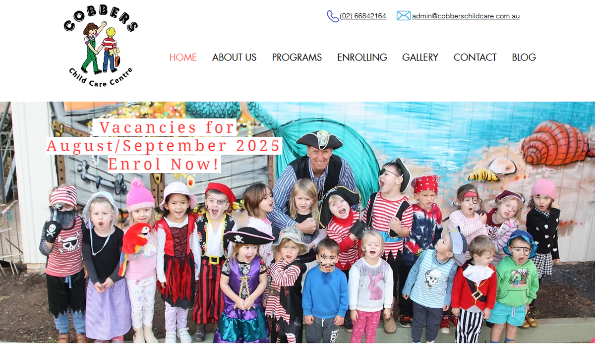 A group of young children dressed as pirates pose with an adult pirate under a banner for Vacancies for August/September 2025 Enrol Now! at Gobbers Child Care Centre—a great photo to feature on the best school website or in a school website guide.