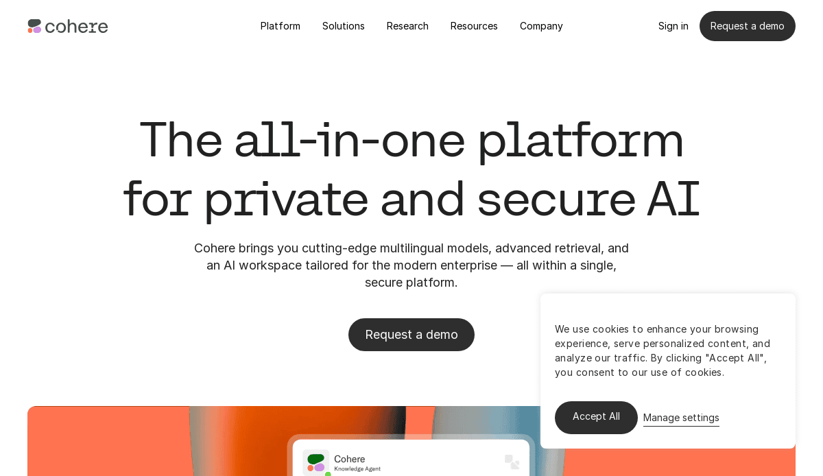 Cohere website homepage showcasing thoughtful AI website design: The all-in-one platform for private and secure AI, featuring options to sign in or request a demo, plus a cookie consent popup at the bottom right.