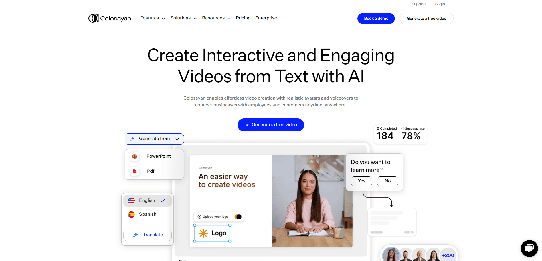 Screenshot of Colossyan’s homepage featuring a headline “Create Interactive and Engaging Videos from Text with AI,” a demo video, language options, statistics on company adoption and satisfaction rates, and modern AI website design elements.