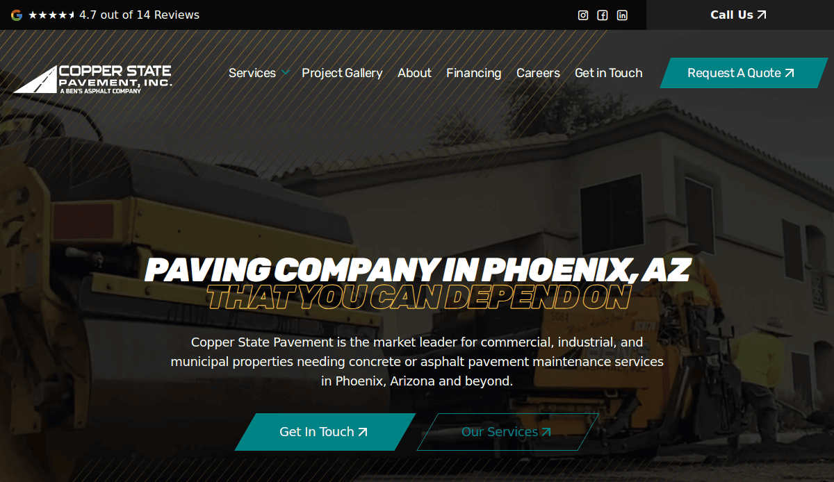 Screenshot of Copper State Pavement’s website homepage featuring paving equipment near a building, bold text: Paving Company in Phoenix, AZ That You Can Depend On, and navigation links—showcasing a website design that drives results for this trusted asphalt contractor.