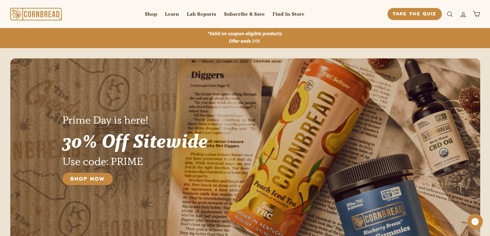 A compliant CBD business homepage for Cornbread Hemp features a 30% off Prime Day sale on gummies, oil, and drinks. The brown patterned CBD website design includes a banner highlighting the discount and promo code PRIME.