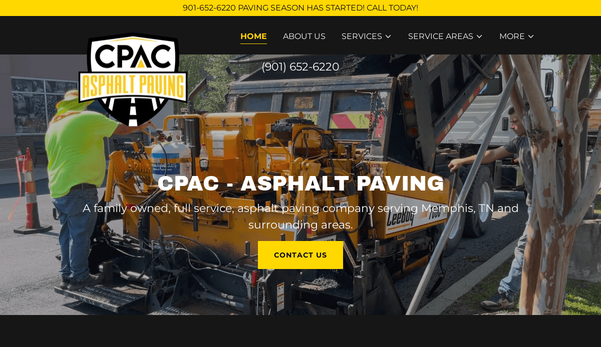 A yellow CPAC Asphalt Paving truck is in use on a street as workers operate paving equipment. The website header showcases expert asphalt contractor website design, featuring the CPAC logo, contact info, navigation, and a yellow paving season banner.
