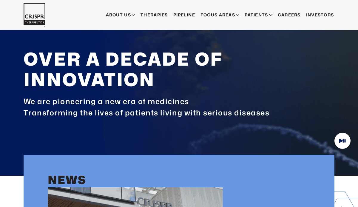 Website homepage for CRISPR Therapeutics featuring the headline Over a Decade of Innovation and a subheading about pioneering medicines to help patients with serious diseases. Showcases modern Biotech website design with a clear navigation menu at the top.